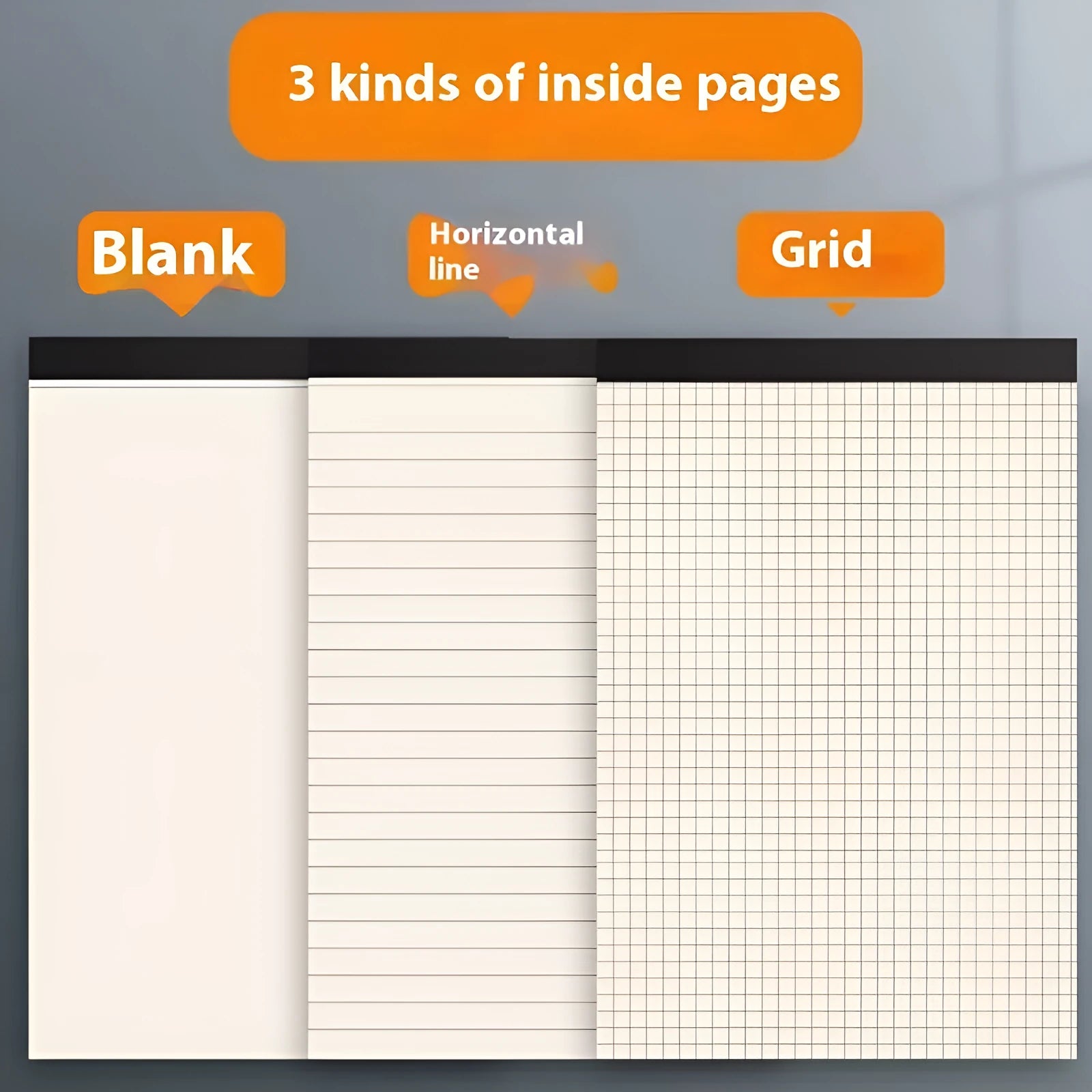 A5, B5 and A4 writing pads with 80 sheets of wood-free paper in blank, grid and line rulings