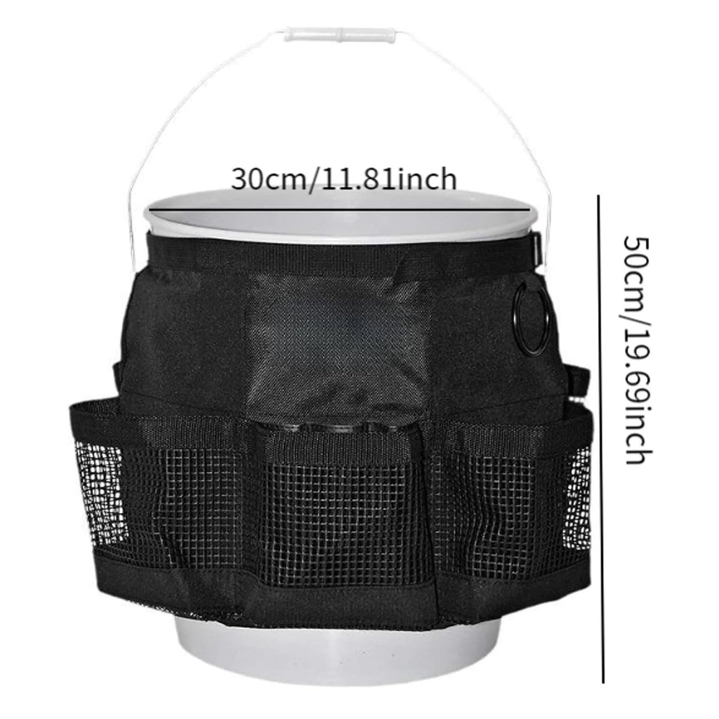 Black cylindrical polyester hanging storage bag designed to fit on a 5-gallon bucket for tool organisation.