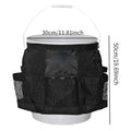 Black cylindrical polyester hanging storage bag designed to fit on a 5-gallon bucket for tool organisation.