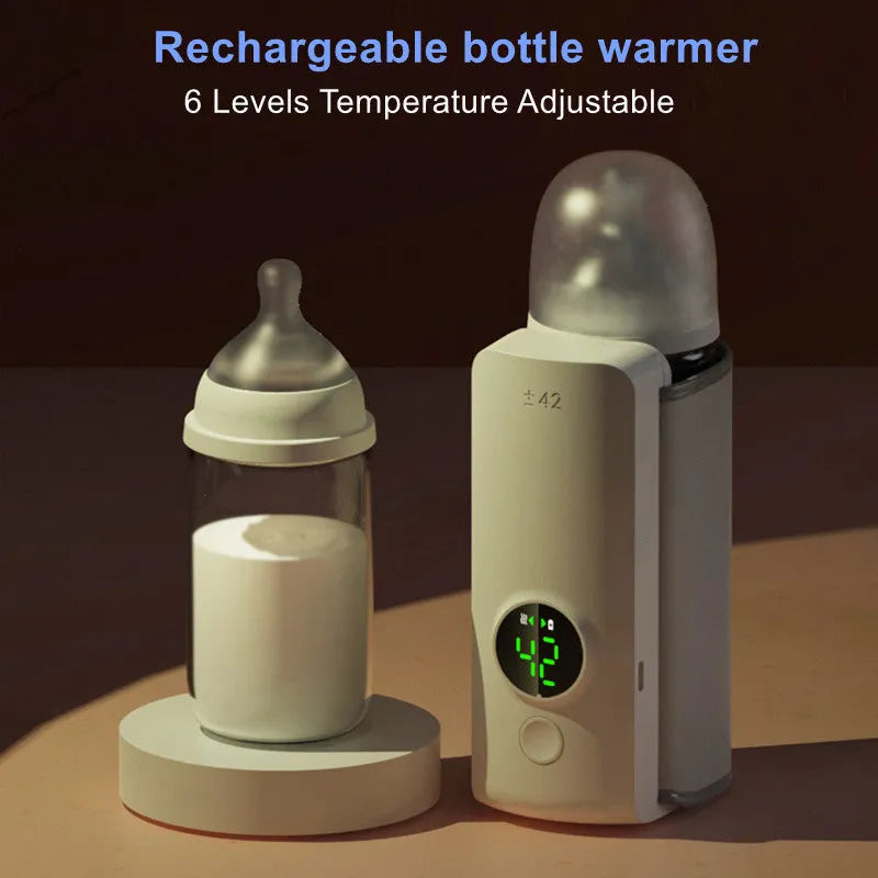 Portable USB-charged baby bottle warmer showing wrap-around design for universal bottle fitting