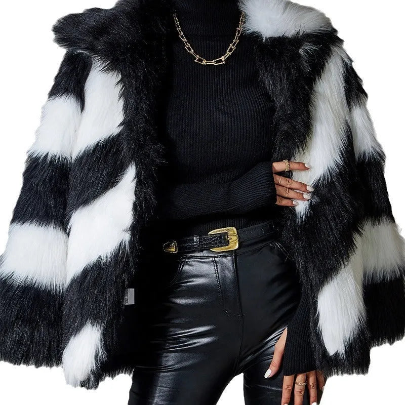 Faux fur coat with contrast lapel and fur collar in a 50cm length