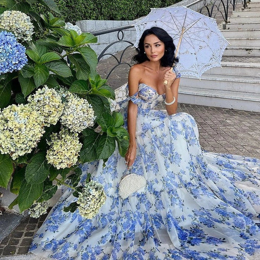 Floral off-the-shoulder organza dress with lace-up back detail