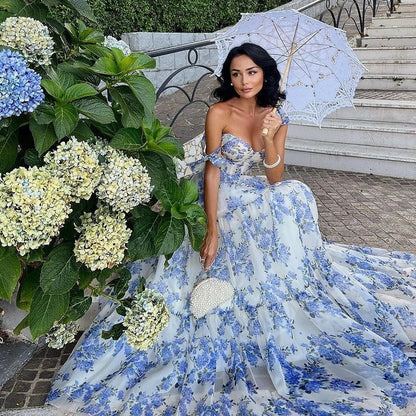 Floral off-the-shoulder organza dress with lace-up back detail