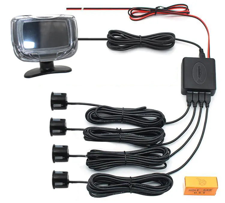 Wireless reversing sensor system with LED display unit, four probes, and installation accessories for vehicle obstacle detection