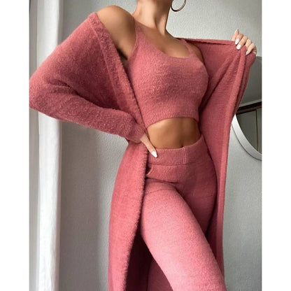 Cozy 3-Piece Loungewear Set - Soft and fluffy women's winter pajama set with crop top, wide-leg pants, and matching pullover