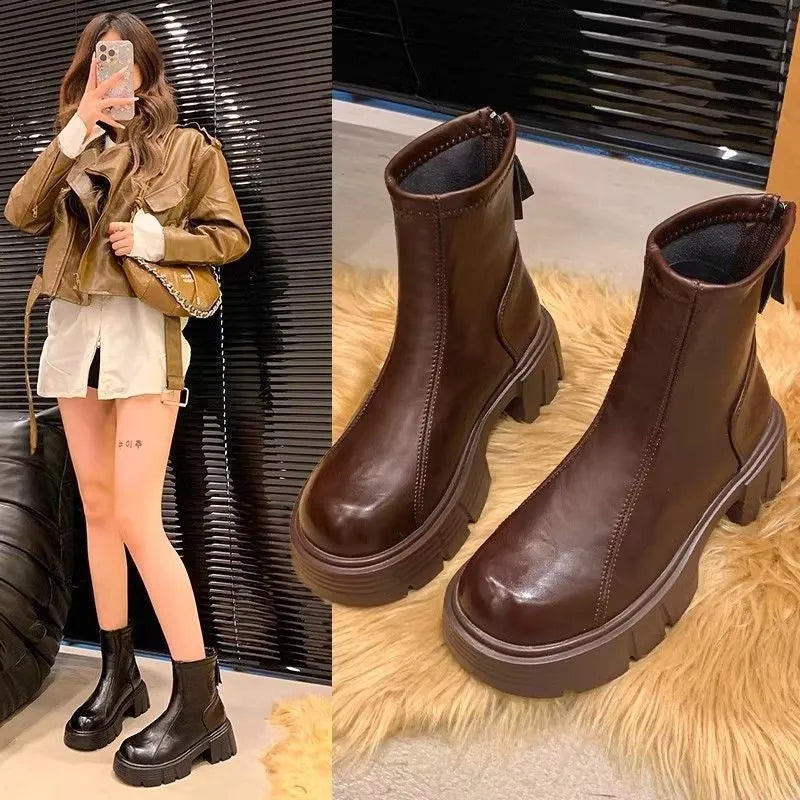 Women's soft bottom British style imitation leather skinny boots with square heel and back zipper, black, autumn winter