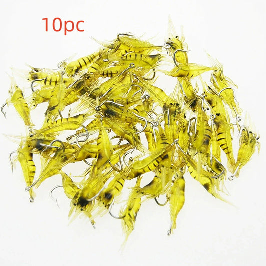 Yellow stripe luminous soft shrimp fishing bait with hook, 4cm long, 10-piece pack