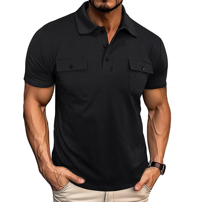 Men's summer lapel button polo shirt with pockets in various colours