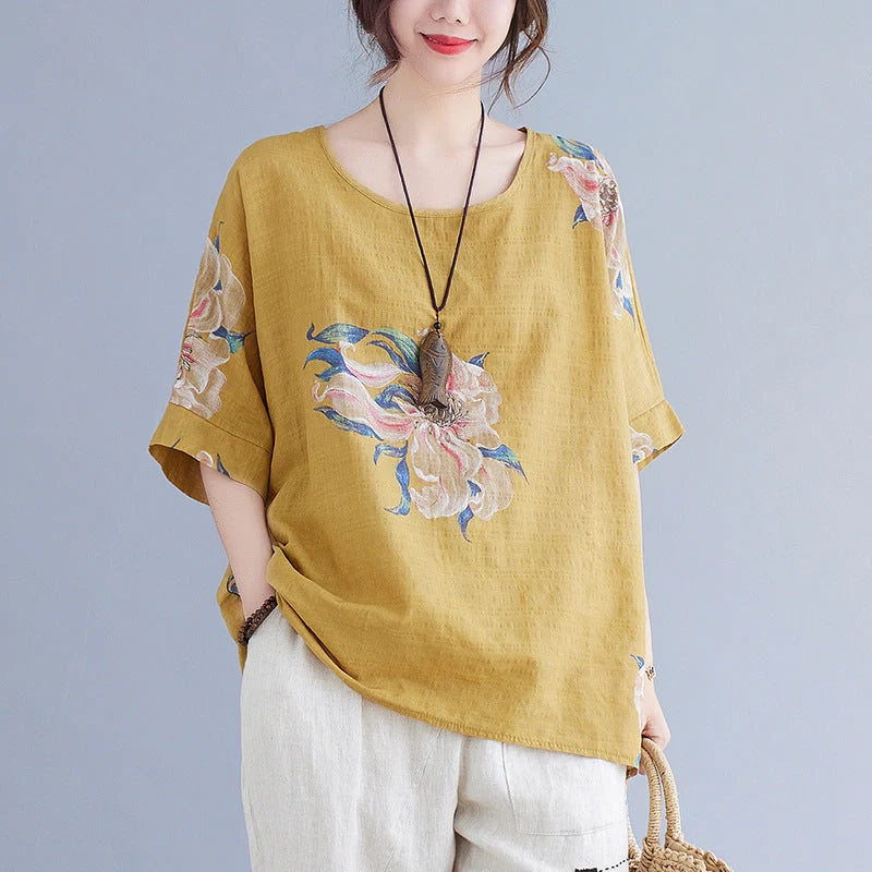 Korean cotton hemp half sleeve top with printing pattern in yellow and orange