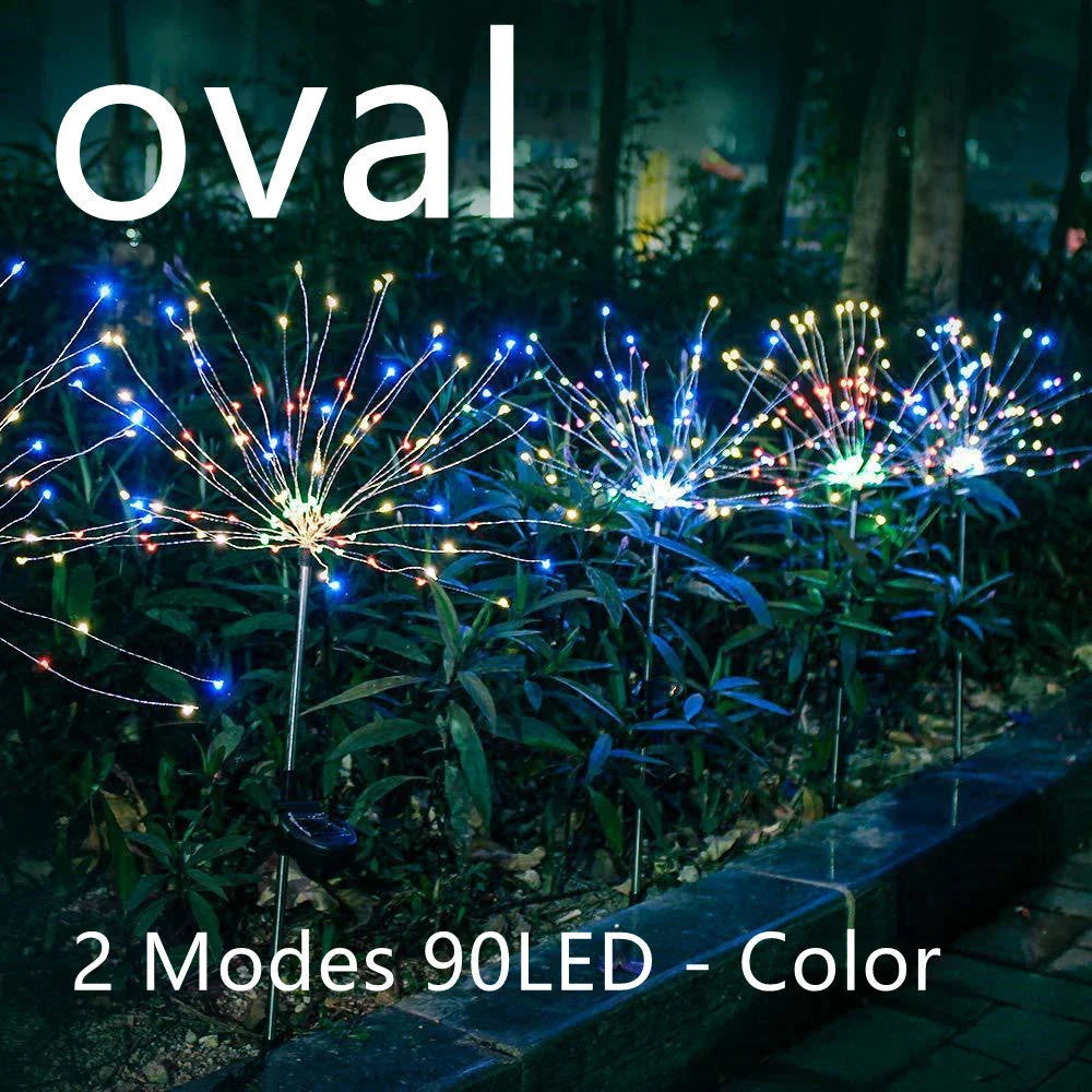 Solar-powered string lights with fireworks-inspired lighting effects, perfect for outdoor gardens, patios, and parties