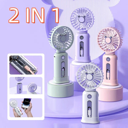 A versatile 2-in-1 handheld fan with power bank capabilities, featuring adjustable wind speeds and a compact, portable design for on-the-go cooling and charging