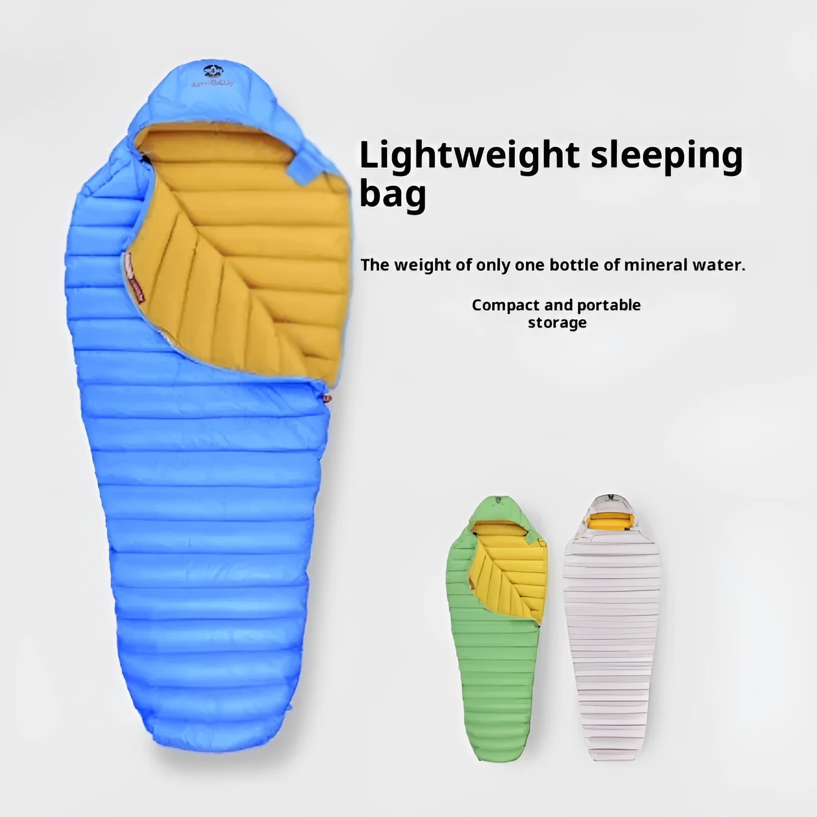 Ultralight down mummy sleeping bag in blue, with nylon shell and goose down filling for camping