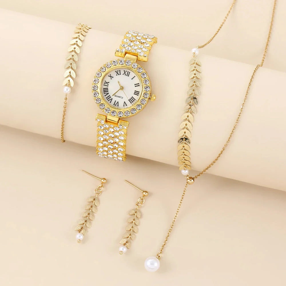 Diamond women's watch with rhinestone quartz bracelet and matching jewellery set