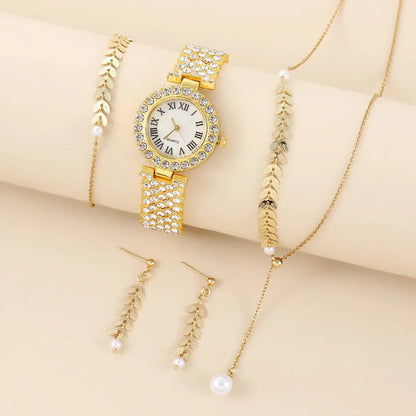 Diamond women's watch with rhinestone quartz bracelet and matching jewellery set