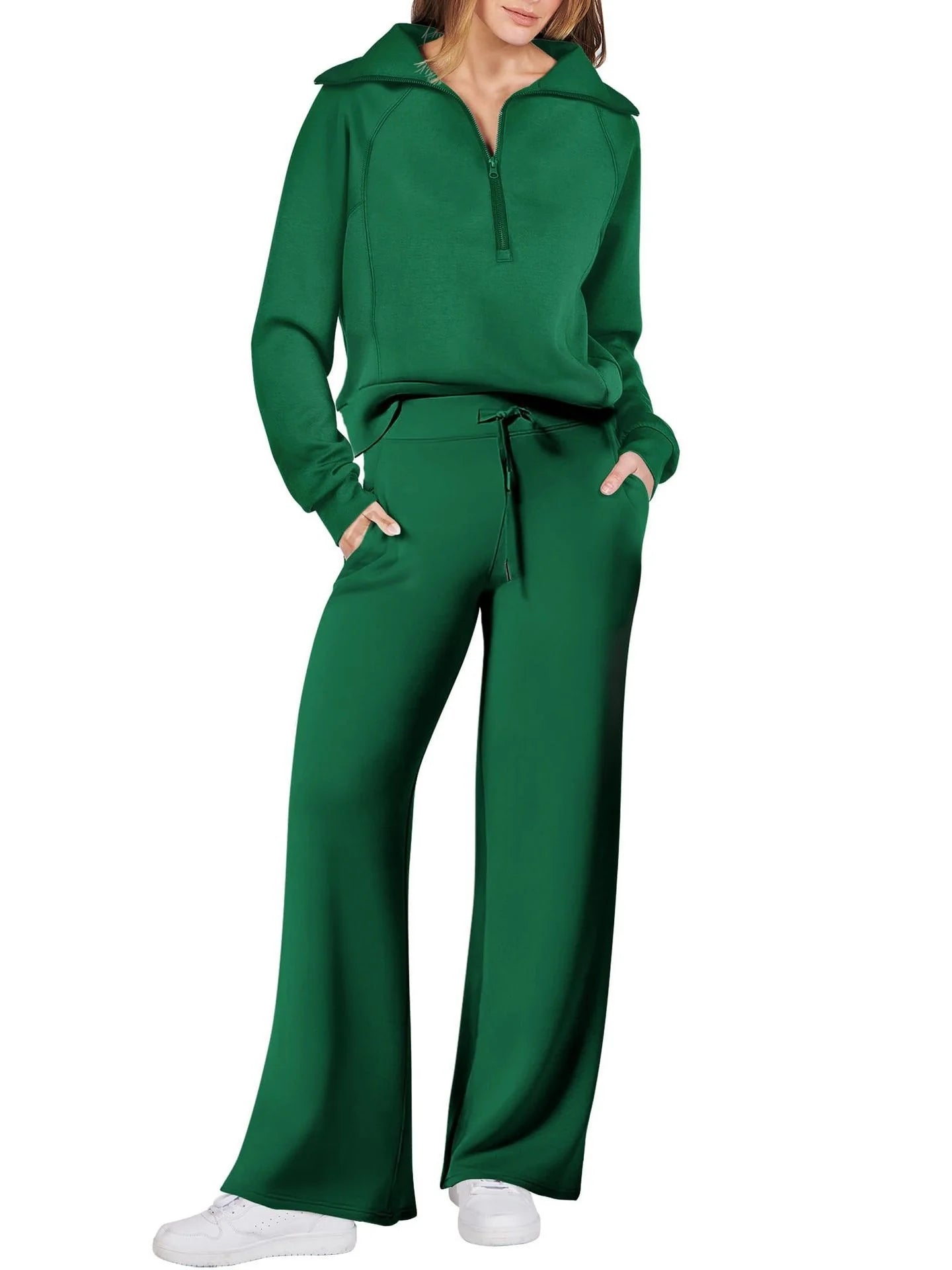 Women's leisure sports suit with long-sleeve zipper sweatshirt and wide leg pants in various colours