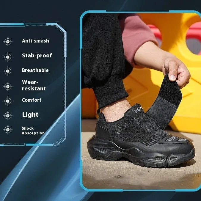 Black safety work shoes with steel toe caps, buckle fastening, and mesh uppers showing protective features