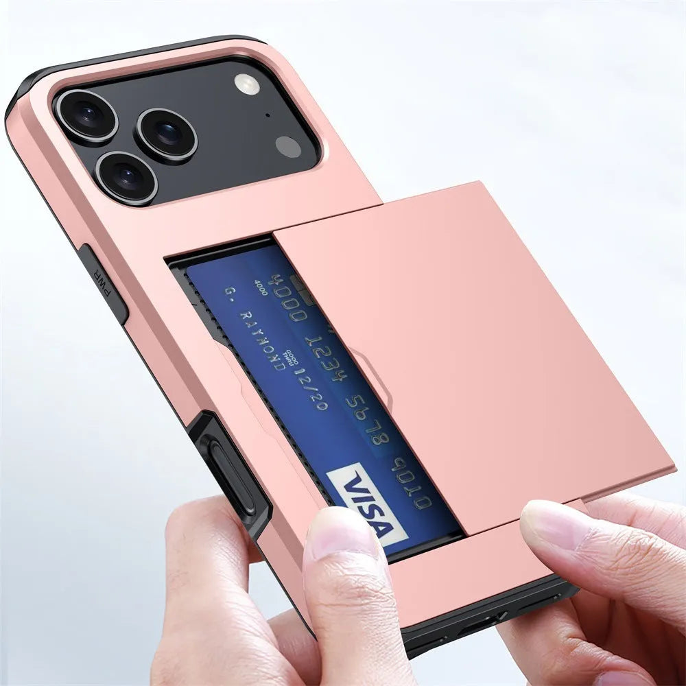 Army Green iPhone case with a sliding card pocket open, showing card insertion.