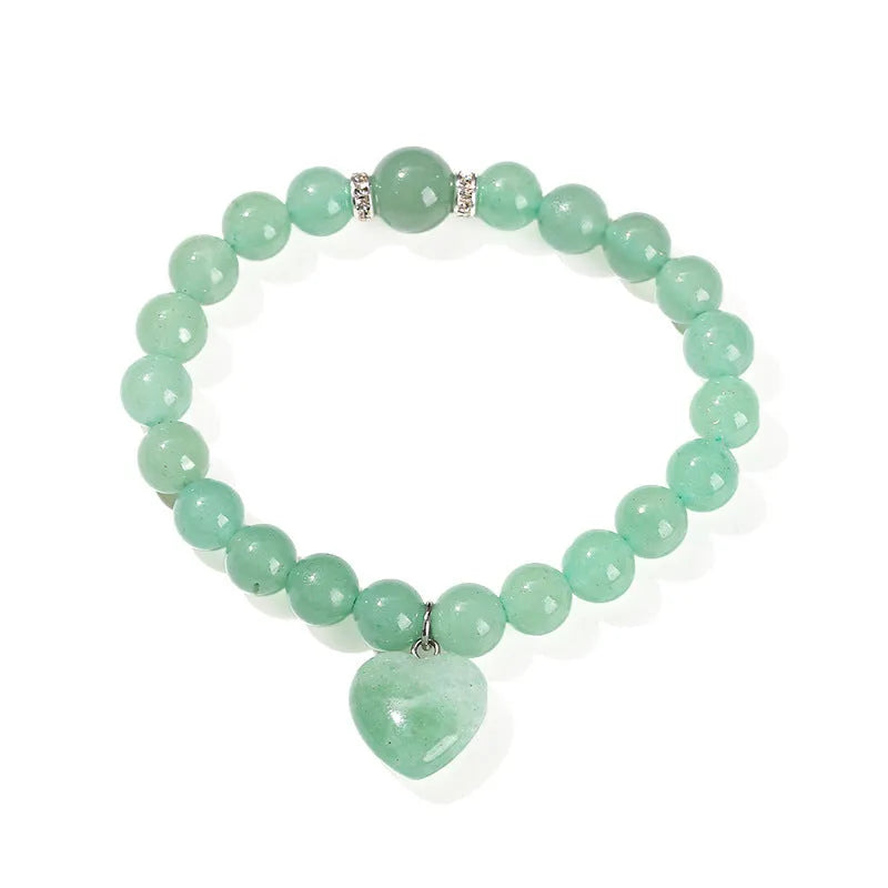 Natural stone love pendant bracelet for women with geometric heart, available in multiple stone types and 8mm or 10mm beads.
