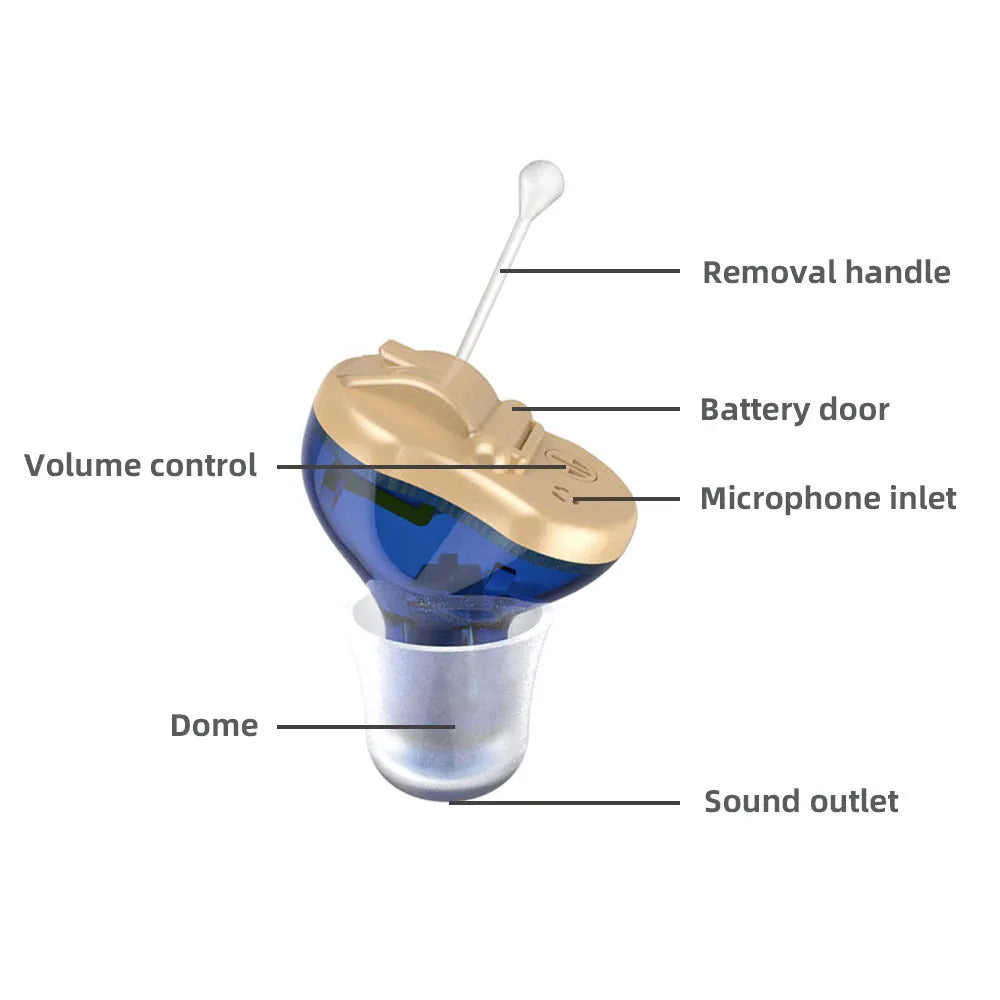 Q10 red and blue CIC mini hearing aids with ear tips, cleaning brush, batteries, and adjustment tool.