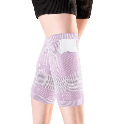 Nylon sports knee pads with adjustable strap in pink, blue, and black