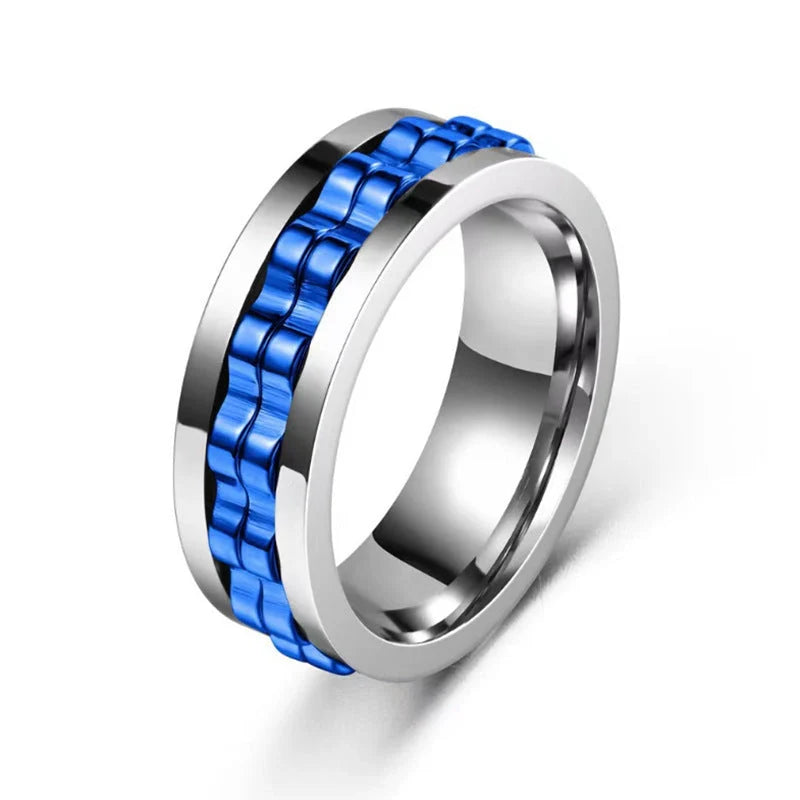 Men's titanium spinner ring with square texture and rotating gear design