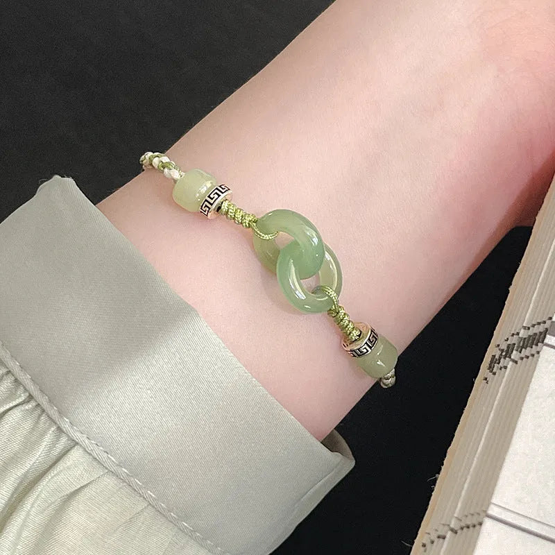 Jade peace buckle women's bracelet with double ring design in electroplated copper construction