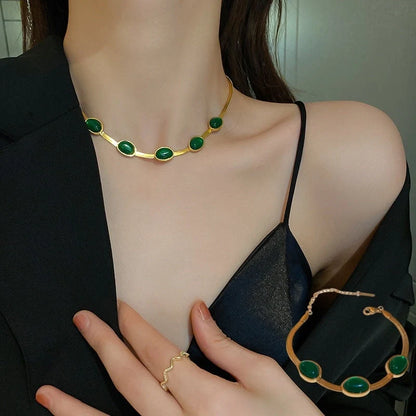Boho green stone crystal snake chain multilayer necklace and bracelet set for women