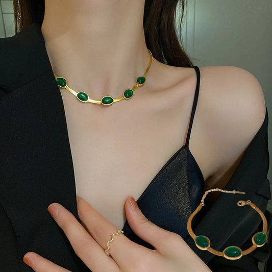 Boho green stone crystal snake chain multilayer necklace and bracelet set for women