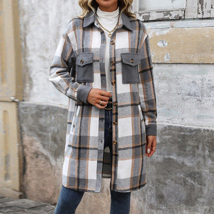 Stylish women's brushed plaid long coat with pockets, available in coffee, grey, and wine red colors