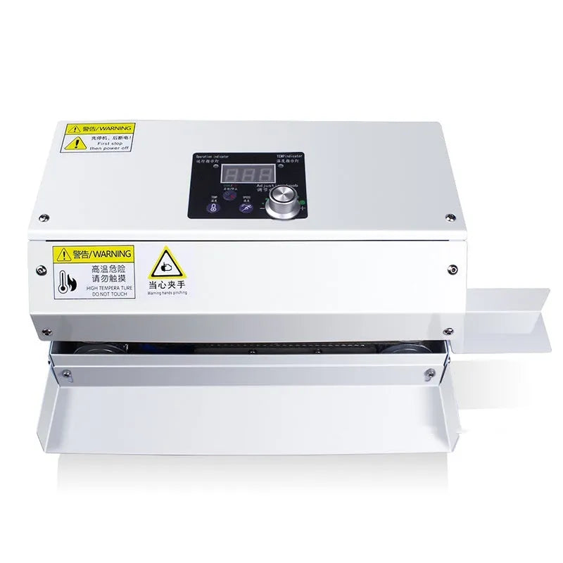 Silver household portable aluminium foil bag sealing machine with three specification options on a kitchen counter
