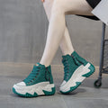 Women's height increasing insole 7CM leather platform shoes with front lace-up and round toe in black