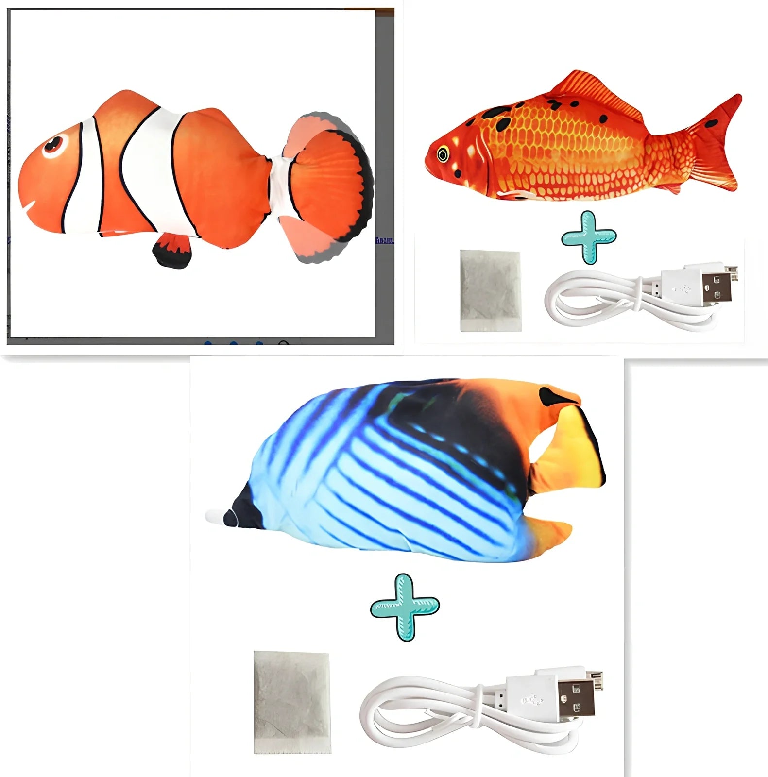 Electric flopping fish cat toy in clownfish design, 30cm long, USB rechargeable with touch sensor for play activation