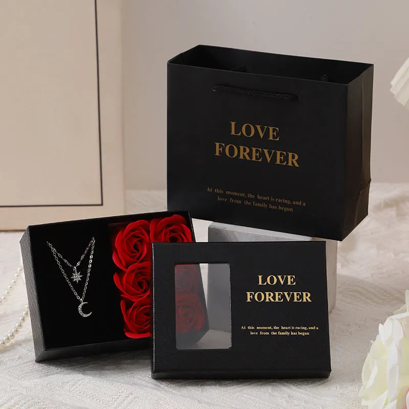 Korean style soap flower bouquet gift set in a red handbag gift box.