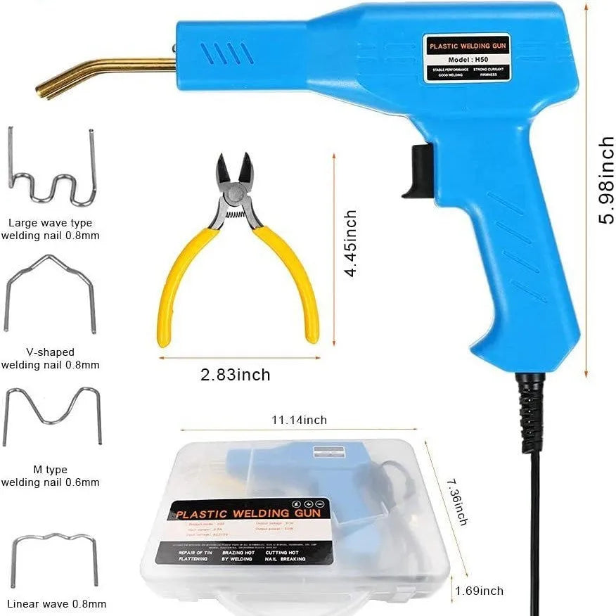 Red plastic welding gun for car bumper repair with pure copper transformer, nails, and pliers knife in black plastic box