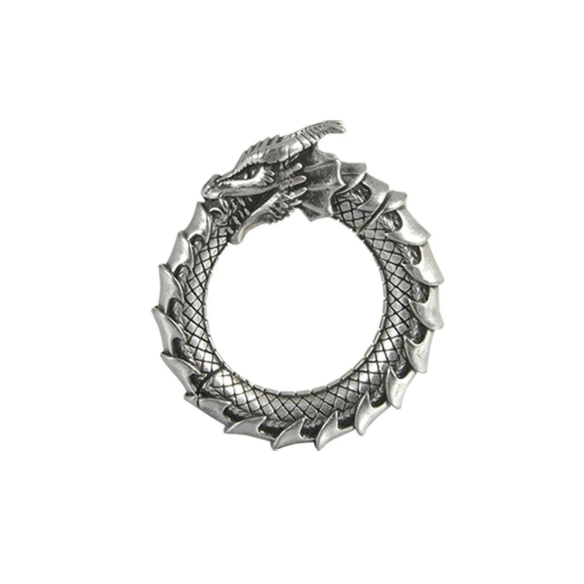 Large retro alloy earrings with hollow-out copper auricle shape and antique silver dragon design.