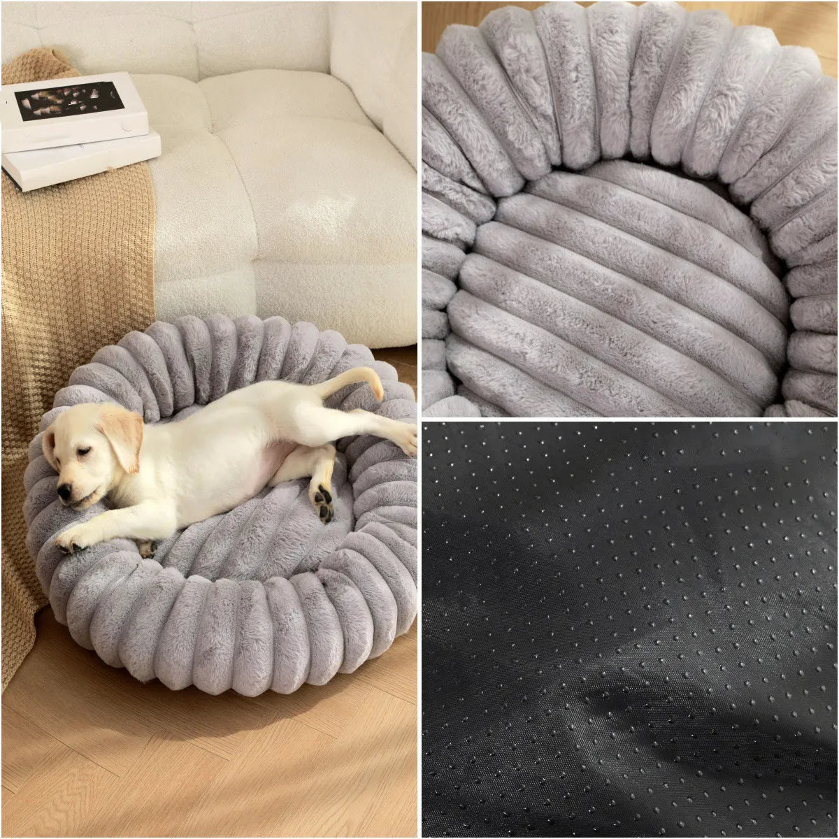 Round long-haired plush pet bed for dogs and cats, shown in beige, with size chart showing S, M, L, XL, XXL, XXXL options.