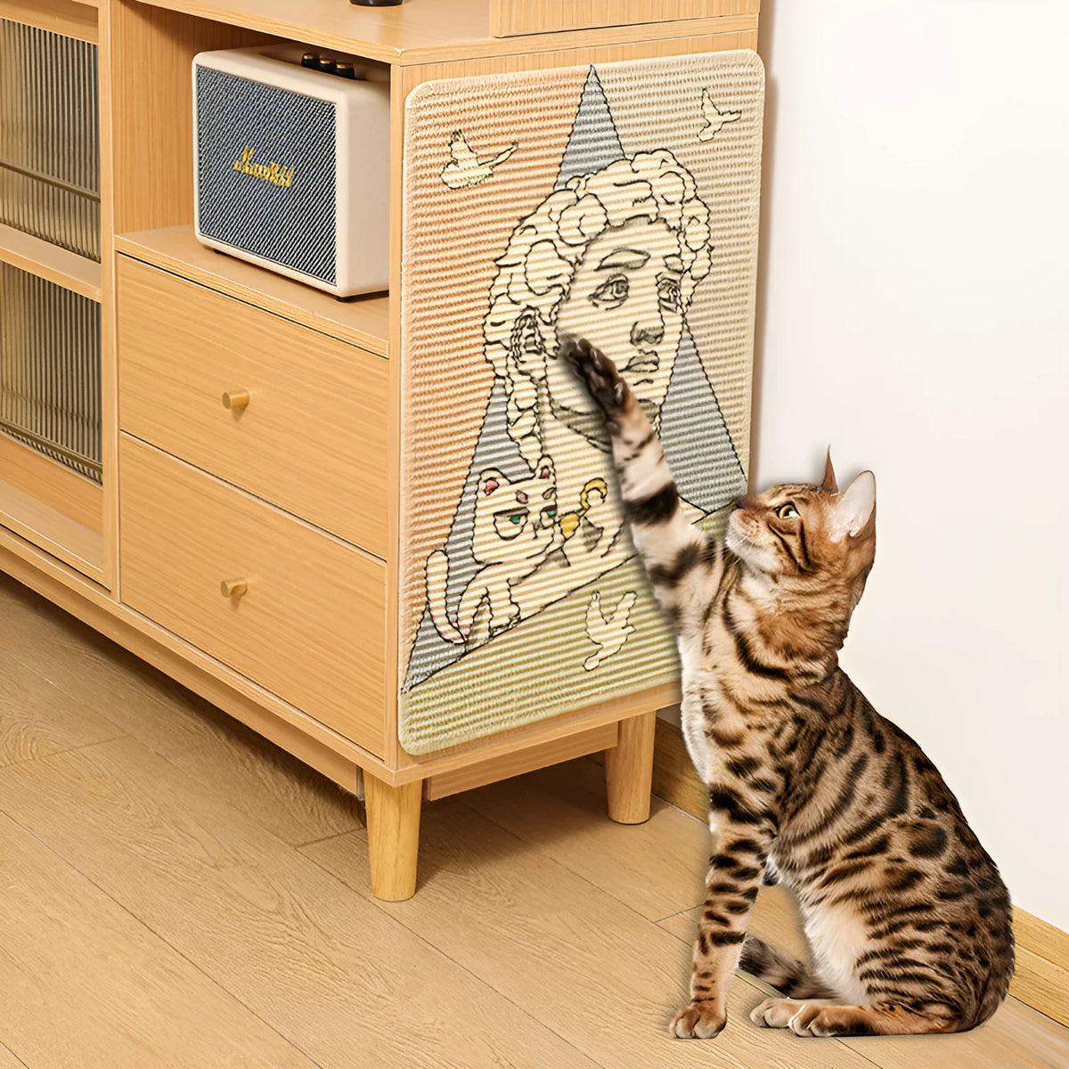 Printed sisal cat scratching pad with cartoon design showing a cat figure, 7mm thick, in 33x55cm size