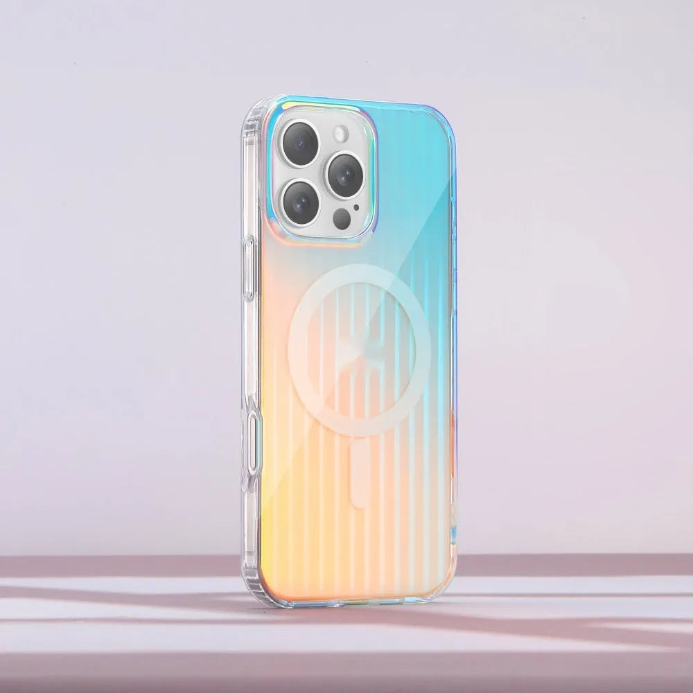 Glossy chameleon colour-changing magnetic suction case for iPhone on a white background