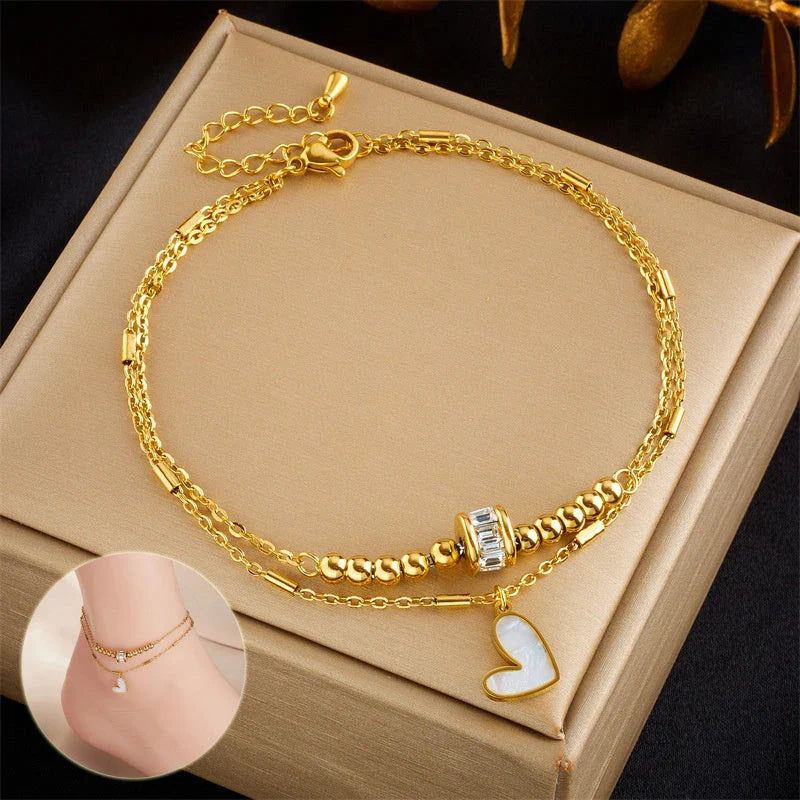 Boho classic love heart ankle chain with double layer design in gold