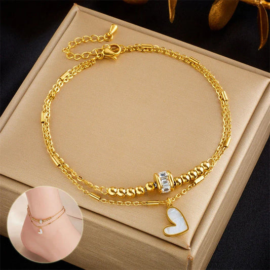 Boho classic love heart ankle chain with double layer design in gold