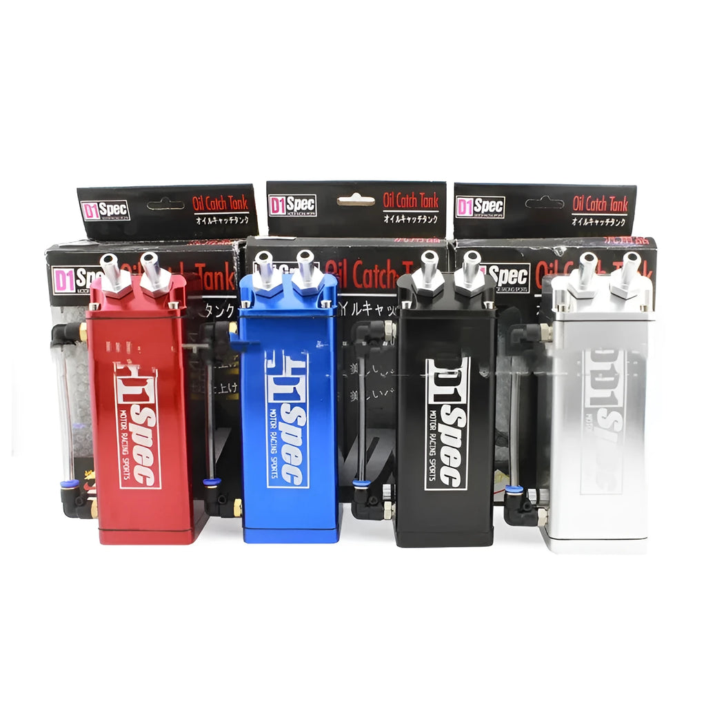 Car modification oil catch tank in black, red, silver, or blue colours.