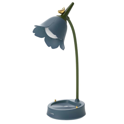 Flower LED Desk Lamp with adjustable brightness and wireless charging in yellow, blue, pink, and green