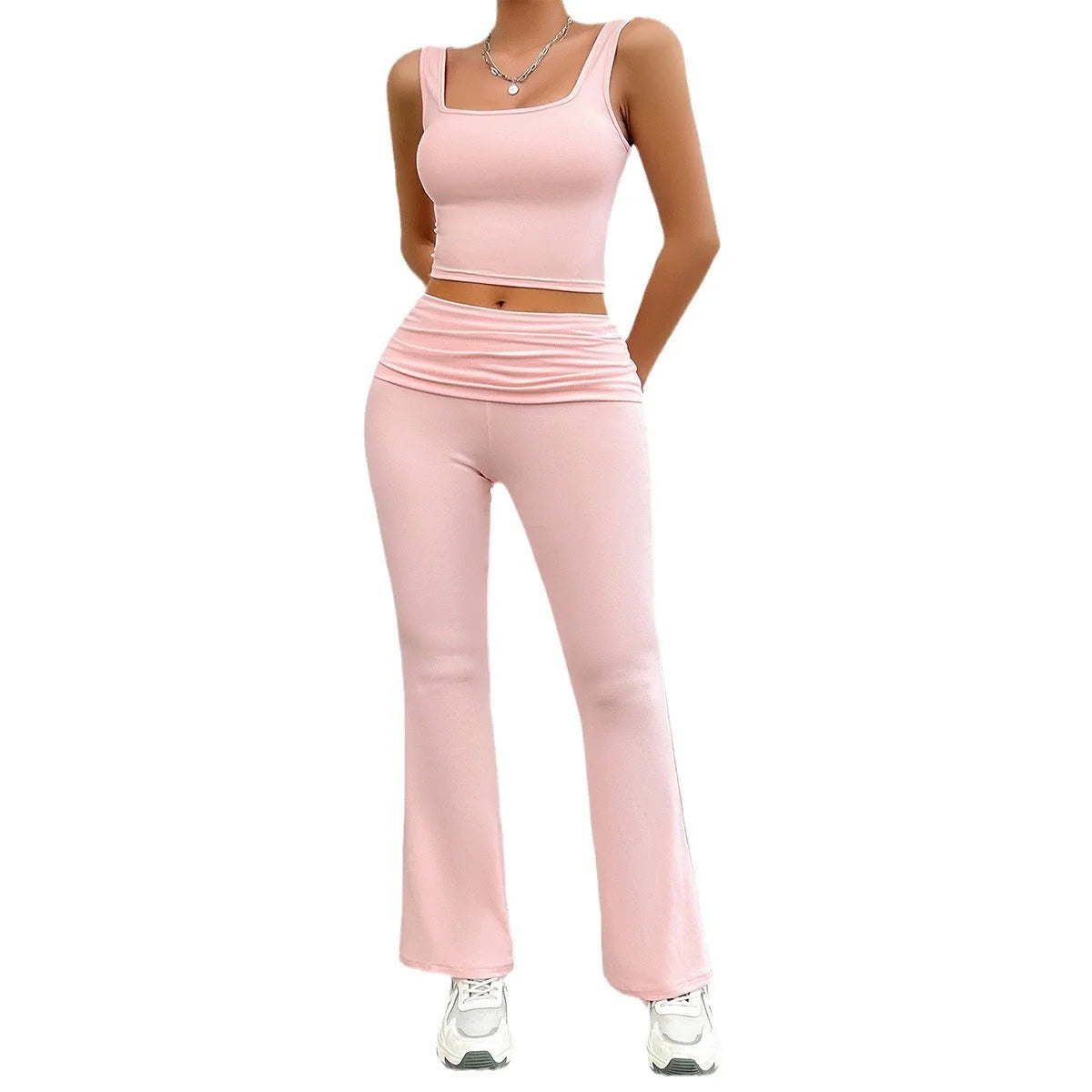 Women's casual solid colour vest and body-hugging suit set in pink, black, dark grey, and brown