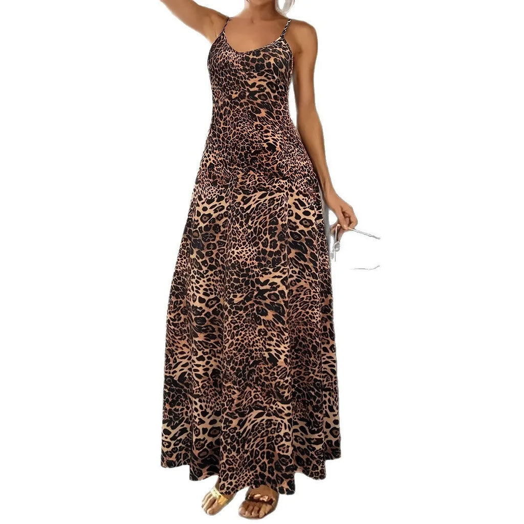 Dark brown leopard print sleeveless dress with round neck and shoulder straps in milk silk polyester fabric