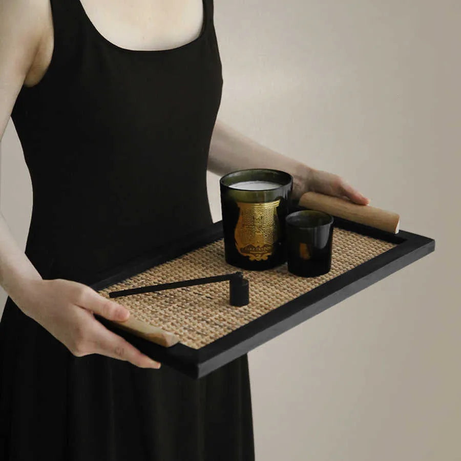 Pine wood dining tray with compartments shown in small and large size options.