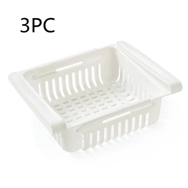 Stretchable refrigerator storage basket in white, blue, pink, and apricot colours