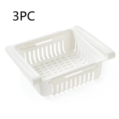 Stretchable refrigerator storage basket in white, blue, pink, and apricot colours