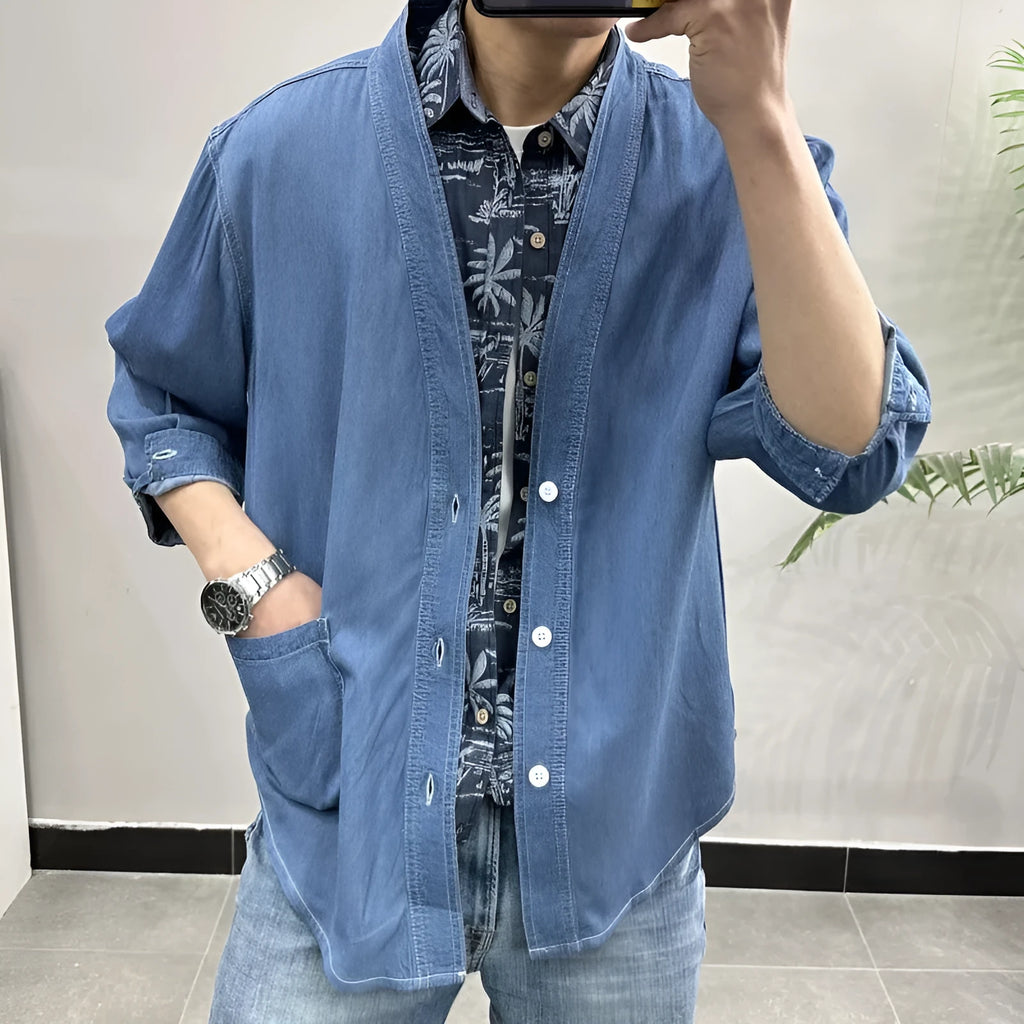 Men's dark blue denim coat with V-neck and three-quarter sleeves