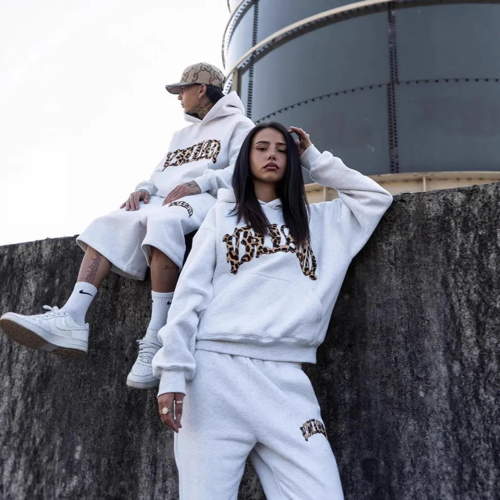 Leopard print letter embroidery street casual trousers and hoodie three-piece set in light gray polyester with pocket detailing, regular fit for unisex