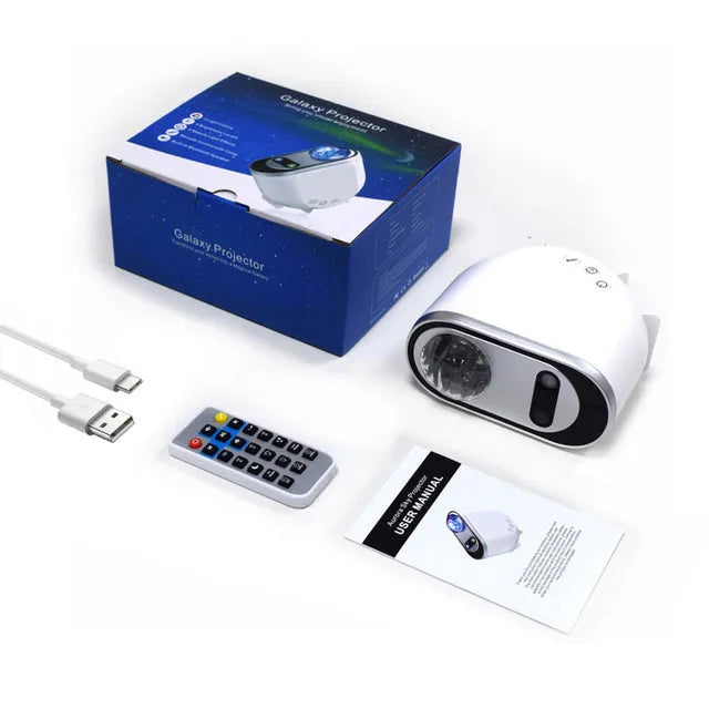 White ABS aurora borealis galaxy star projector with remote control displaying Northern Lights projection